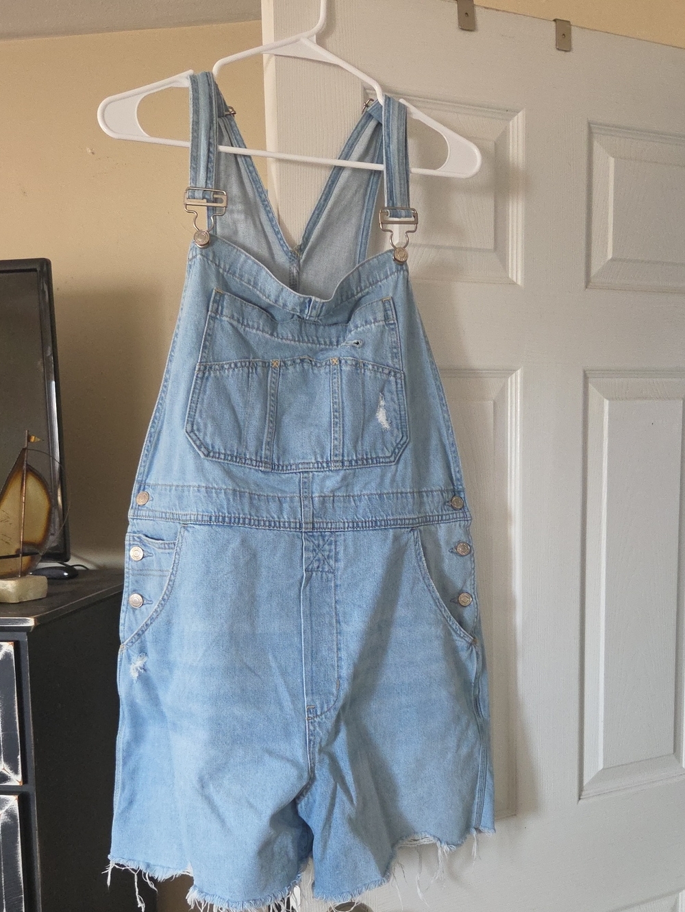 GAP Denim Shortalls Light Wash Distressed Raw Hem Overalls